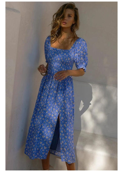 DressBetty - Midi Dress Vintage Floral Print Split Blue Sundress Elegant Party Beach Dress