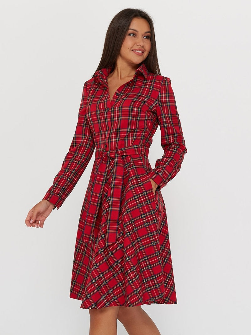 DressBetty - Vintage Scottish Plaid Shirt Dress Long Sleeve Turn-down Collar Belt Button A-line Casual Dresses