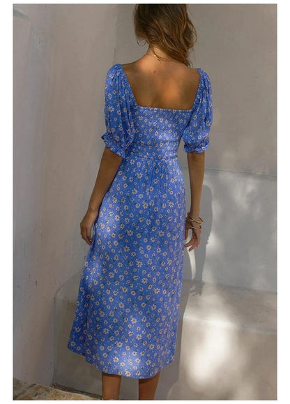 DressBetty - Midi Dress Vintage Floral Print Split Blue Sundress Elegant Party Beach Dress