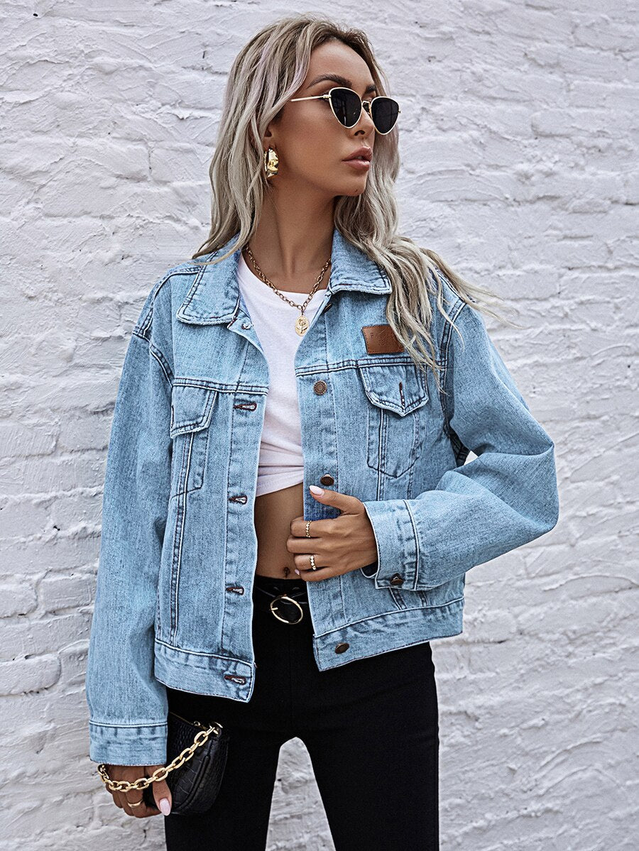 DressBetty - Turn-down Collar Loose Denim Jacket