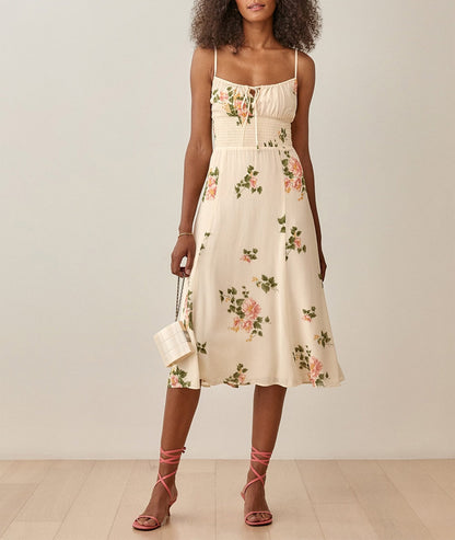 DressBetty - Women Summer Smocked Elastic Waist Tie Neck Sleeveless Spaghetti Strap Beach Dress