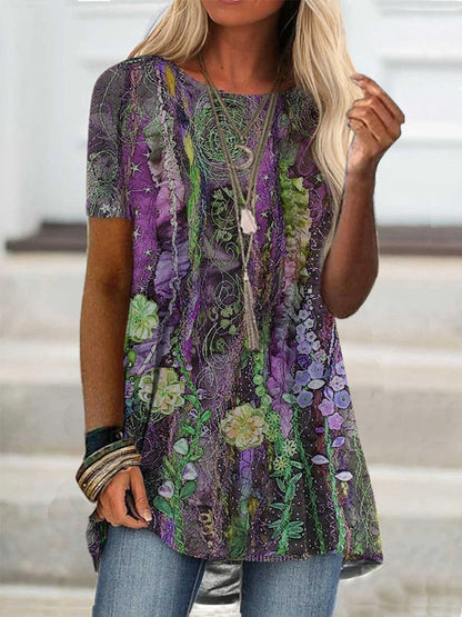 DressBetty - Digital Printed Women Blouse Short Sleeve Loose Shirt Casual Lady Pullover Shirt