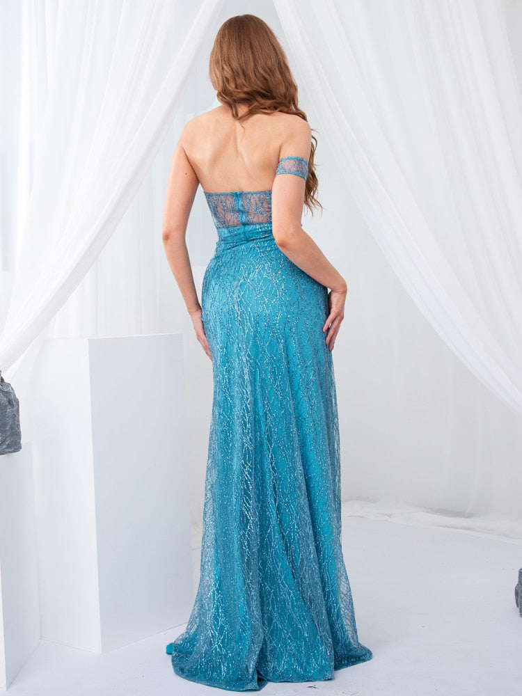 DressBetty - Bling Bling Glitters Floor Length Split Party Dress Backless Long Black Dress
