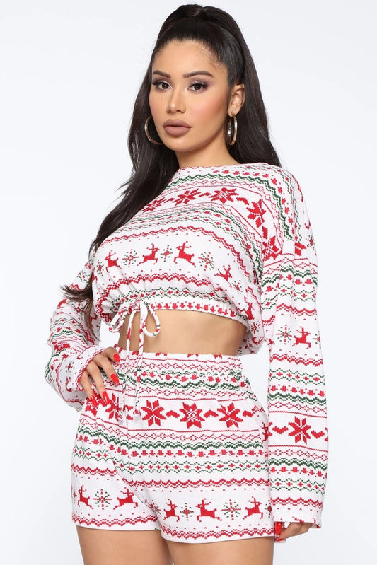 DressBetty - Christmas Pajama Sets Long Sleeve Crop Top Shorts 2Pcs Snowflake Print Knitted