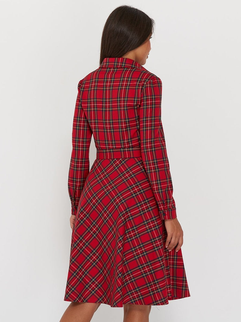 DressBetty - Vintage Scottish Plaid Shirt Dress Long Sleeve Turn-down Collar Belt Button A-line Casual Dresses