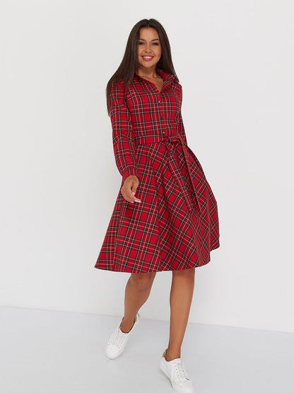 DressBetty - Vintage Scottish Plaid Shirt Dress Long Sleeve Turn-down Collar Belt Button A-line Casual Dresses
