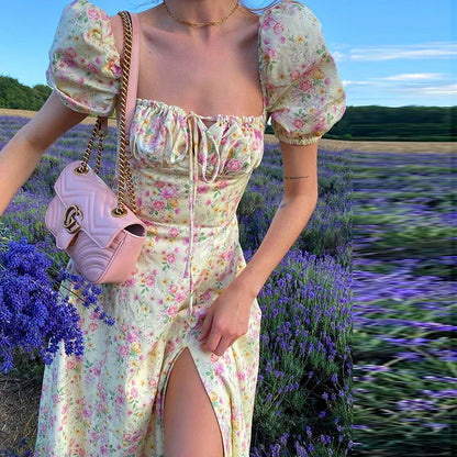 Puff Sleeve Square Neck Floral Dress