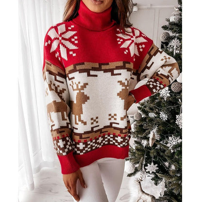 DressBetty - Christmas Turtleneck Sweaters Long Sleeve Elk Snowflake Pattern Pullovers Loose