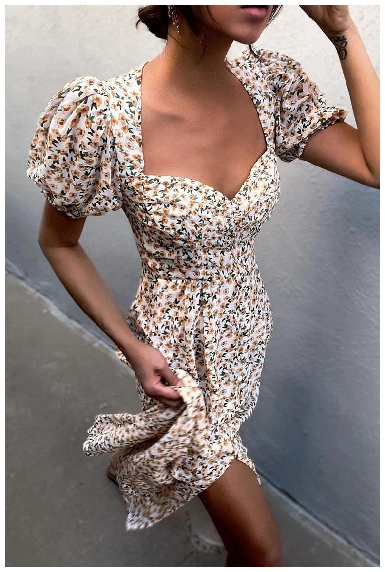 DressBetty - Midi Dress Vintage Floral Print Split Blue Sundress Elegant Party Beach Dress