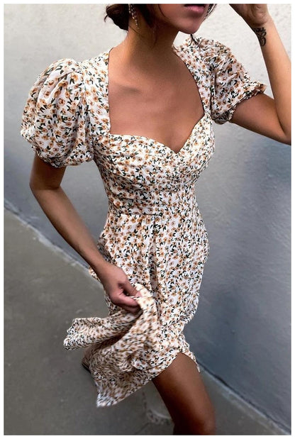 DressBetty - Midi Dress Vintage Floral Print Split Blue Sundress Elegant Party Beach Dress