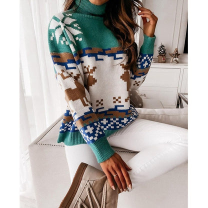 DressBetty - Christmas Turtleneck Sweaters Long Sleeve Elk Snowflake Pattern Pullovers Loose
