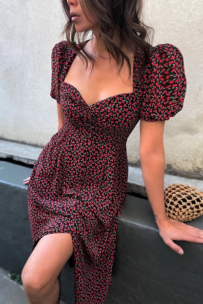 DressBetty - Midi Dress Vintage Floral Print Split Blue Sundress Elegant Party Beach Dress