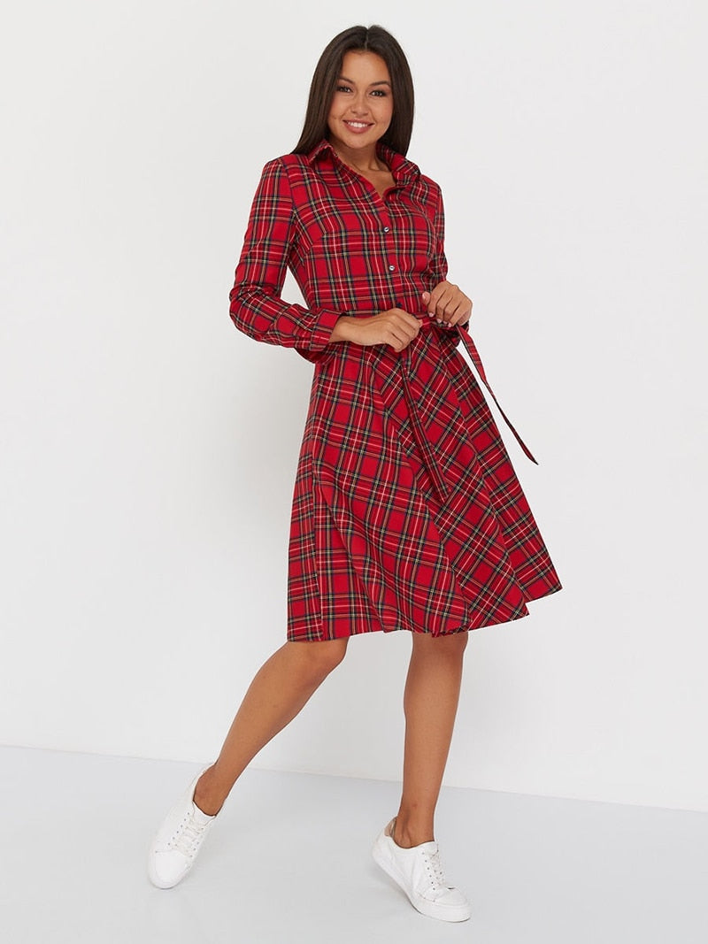 DressBetty - Vintage Scottish Plaid Shirt Dress Long Sleeve Turn-down Collar Belt Button A-line Casual Dresses