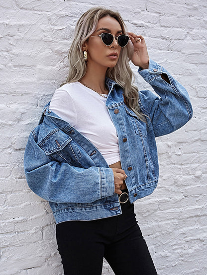 DressBetty - Turn-down Collar Loose Denim Jacket