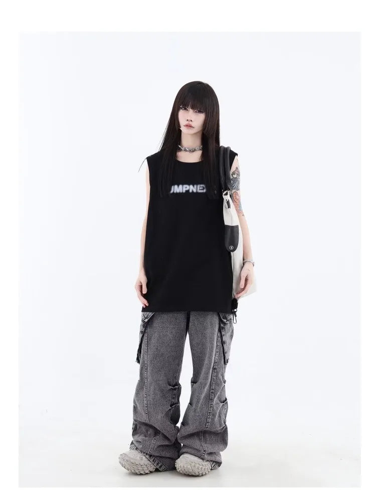 Grunge Cargo Women Wide Baggy Vintage Oversize Denim Distressed Pant