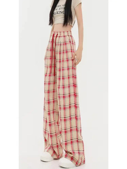 Red Plaid Women Y2K Korean Style Oversize Checked Baggy Sweatpants