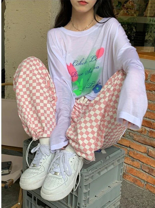 Pink Plaid Women Korean Fashion Oversized Jogging Pant