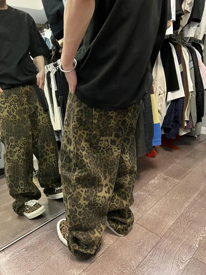 Retro Leopard Baggy Women Vintage Grunge Wide Leg Denim Pant