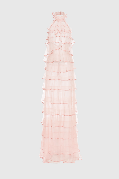 Haidar Halter Floral Ruffle Layer Maxi Dress