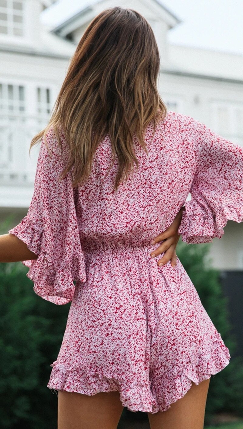 DressBetty - Floral Ruffles Loose V-Neck Romper