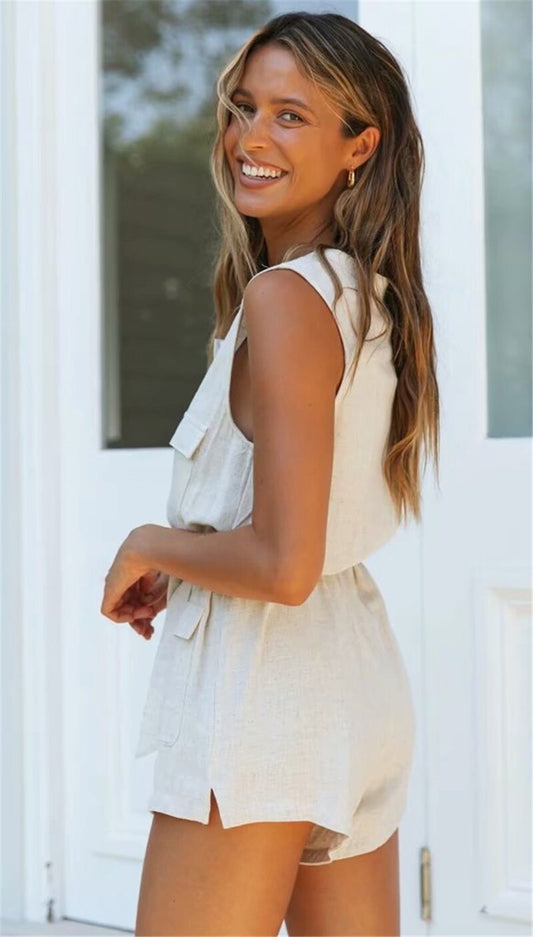 DressBetty - Cotton Sleeveless Pockets Loose Romper