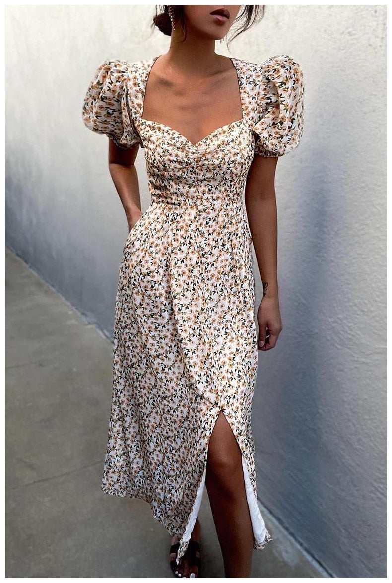 DressBetty - Midi Dress Vintage Floral Print Split Blue Sundress Elegant Party Beach Dress
