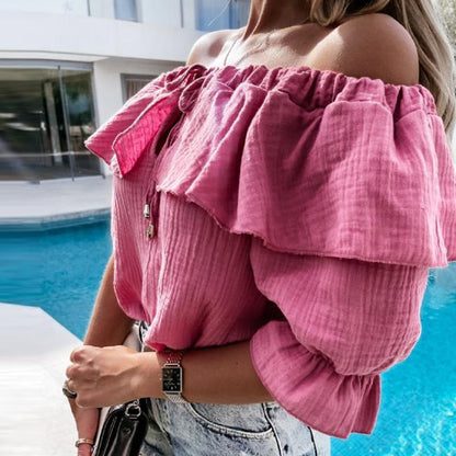 DressBetty - Sexy Off Shoulder Ruffles Women Blouse Shirts Color Lace-Up Tops Pullovers Casual Loose Blusa