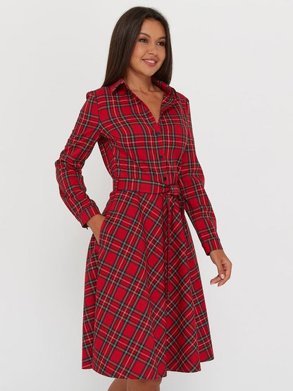 DressBetty - Vintage Scottish Plaid Shirt Dress Long Sleeve Turn-down Collar Belt Button A-line Casual Dresses