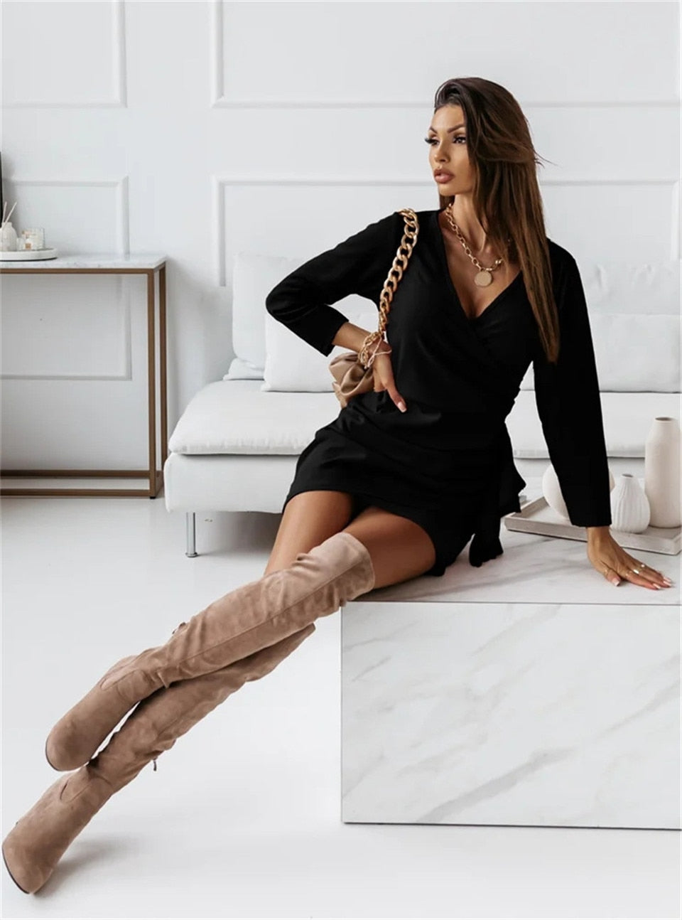 DressBetty - Solid Color Dresses V-Neck Long Sleeve Slim Mini Dress