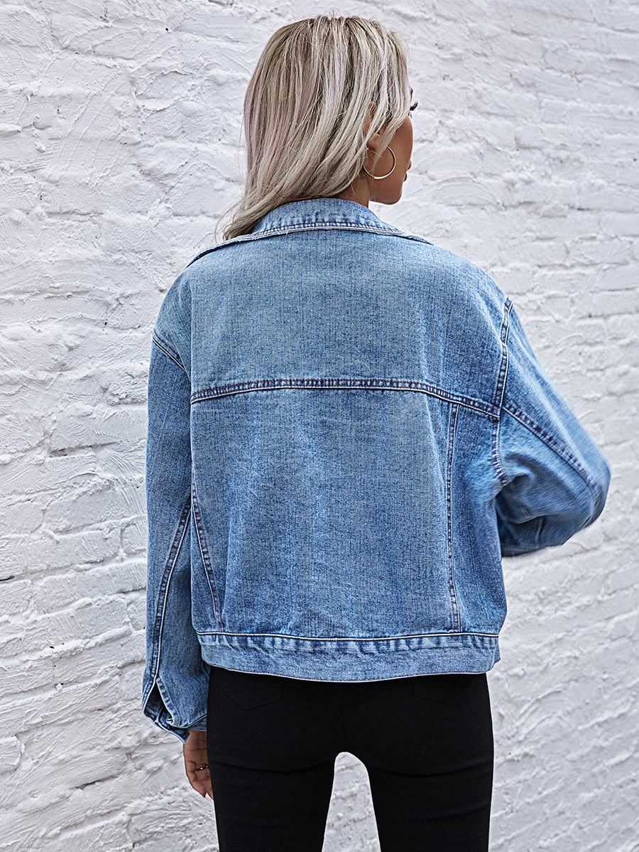 DressBetty - Turn-down Collar Loose Denim Jacket