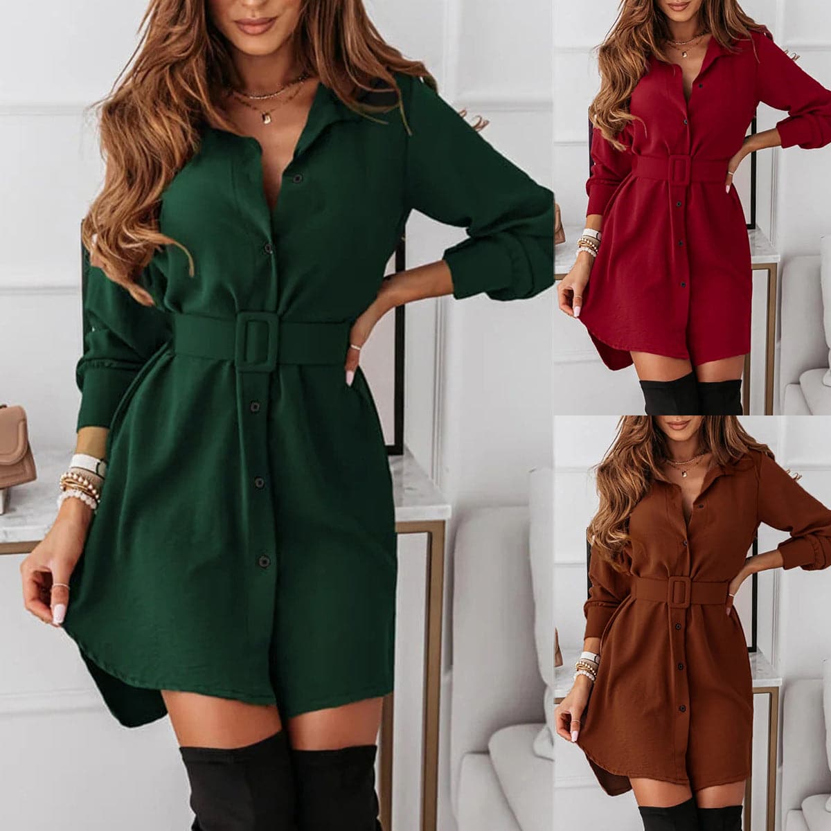 DressBetty - Women Fashion Solid Turn Down Collar Shirt Mini Dress