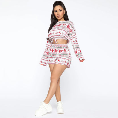DressBetty - Christmas Pajama Sets Long Sleeve Crop Top Shorts 2Pcs Snowflake Print Knitted