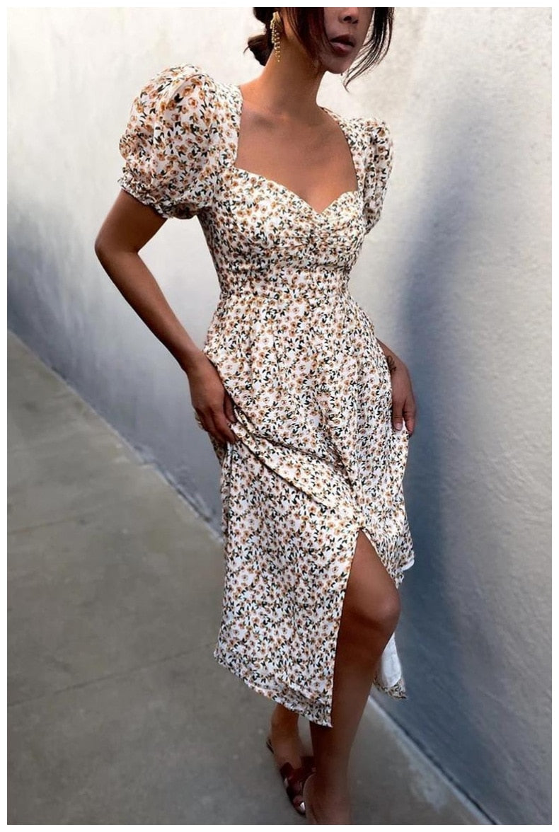 DressBetty - Midi Dress Vintage Floral Print Split Blue Sundress Elegant Party Beach Dress