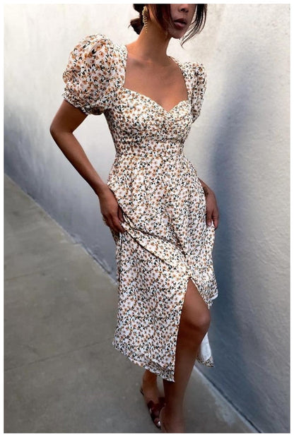 DressBetty - Midi Dress Vintage Floral Print Split Blue Sundress Elegant Party Beach Dress