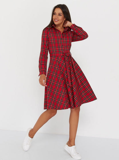 DressBetty - Vintage Scottish Plaid Shirt Dress Long Sleeve Turn-down Collar Belt Button A-line Casual Dresses