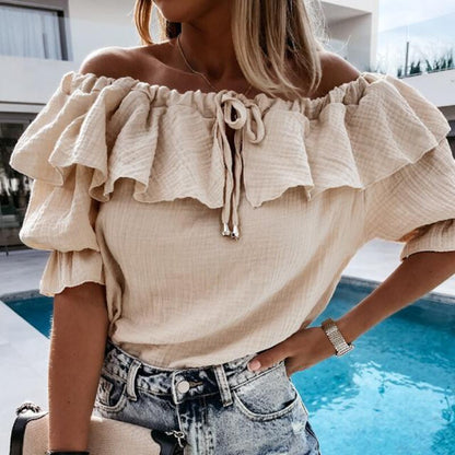 DressBetty - Sexy Off Shoulder Ruffles Women Blouse Shirts Color Lace-Up Tops Pullovers Casual Loose Blusa