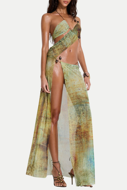 Himer Print Mesh Embellished Slit Maxi Dress