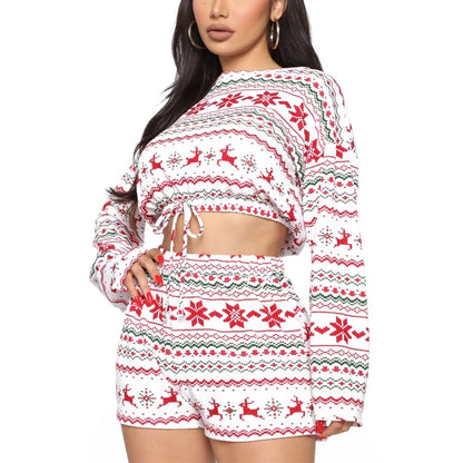 DressBetty - Christmas Pajama Sets Long Sleeve Crop Top Shorts 2Pcs Snowflake Print Knitted