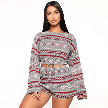 DressBetty - Christmas Pajama Sets Long Sleeve Crop Top Shorts 2Pcs Snowflake Print Knitted