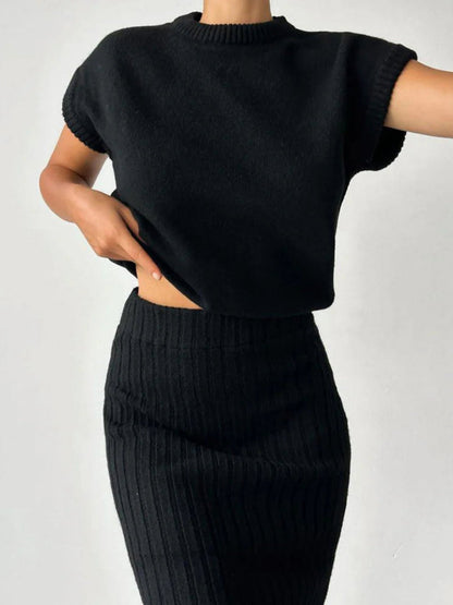 Chunky Knit Tank Top and High Waist Midi Knit Skirt Matching Set