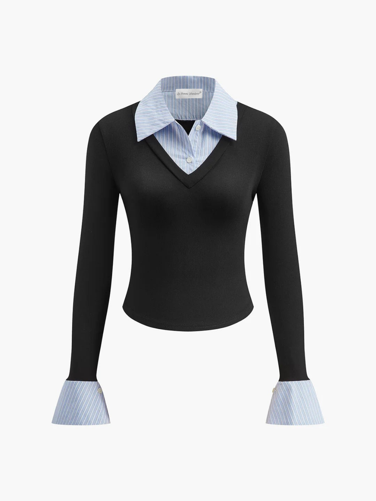 Layered Contrast-Collar Knit Top with Shirt Detail