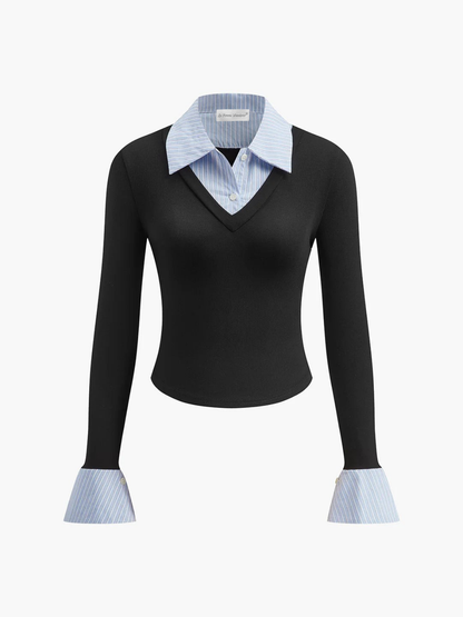 Layered Contrast-Collar Knit Top with Shirt Detail
