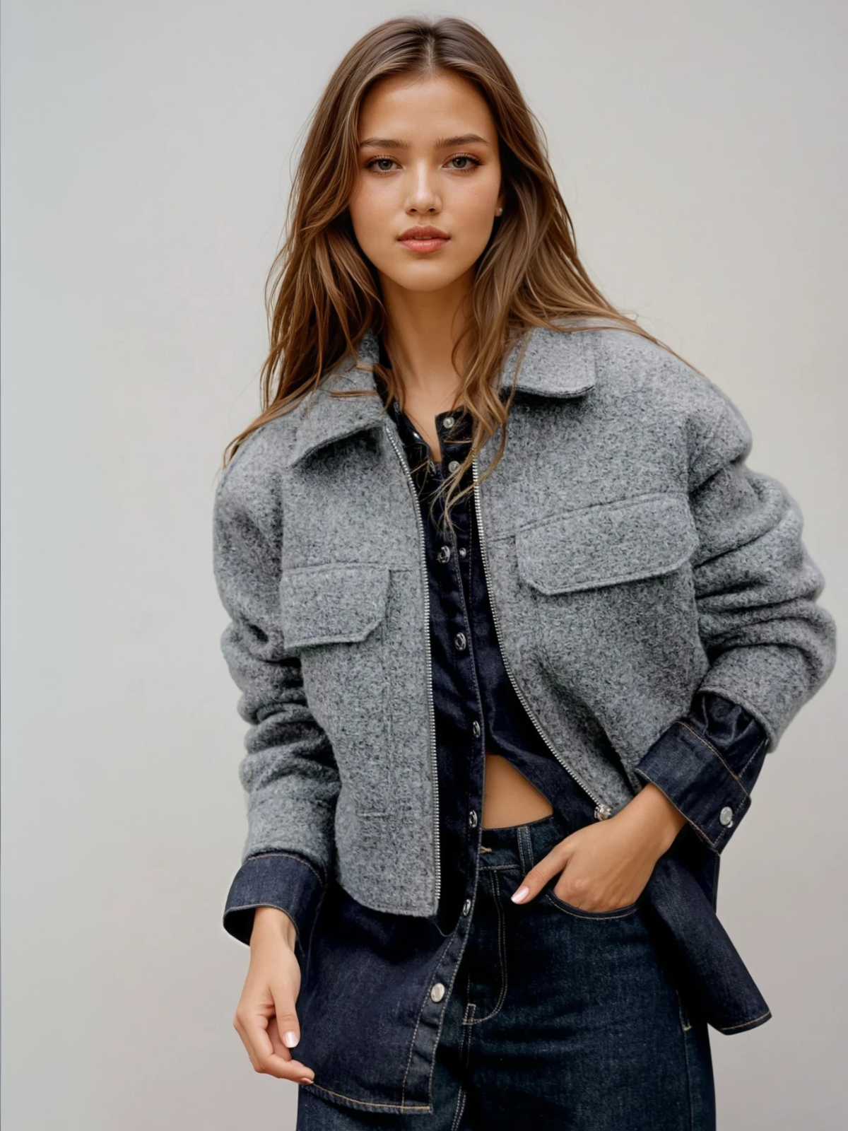 Casual Style Bouclé Grey Jacket