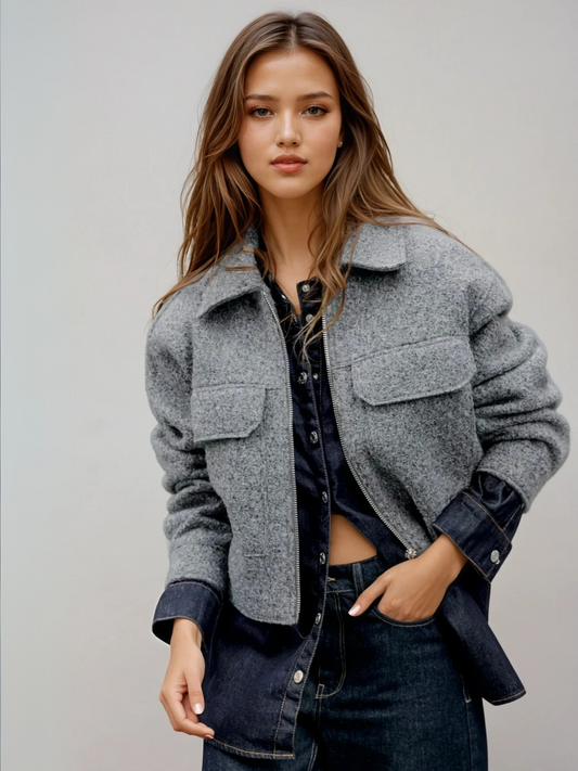 Casual Style Bouclé Grey Jacket