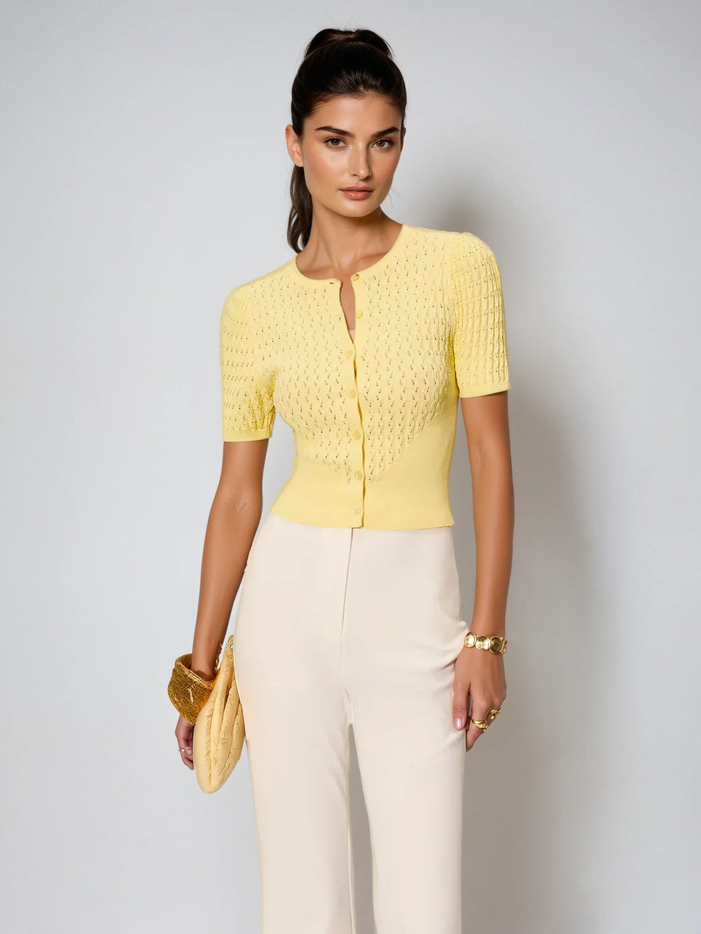Sweet Lemon Hollow Knit Buttoned Top