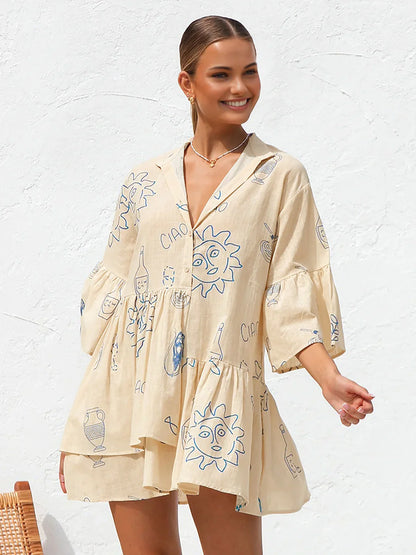Casual Style Oversized Sun Print Short Dress