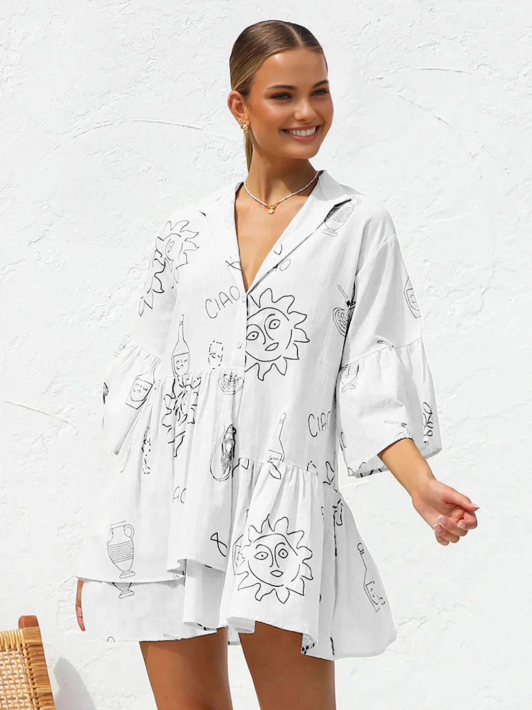 Casual Style Oversized Sun Print Short Dress