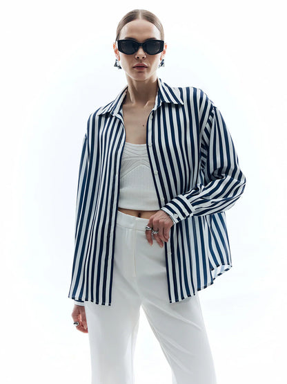 Elegant Style Shift Stripe Turndown Collar Shirt