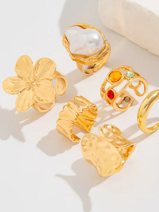 Six-Piece Statement Ring Set With Pearl & Floral Accents
