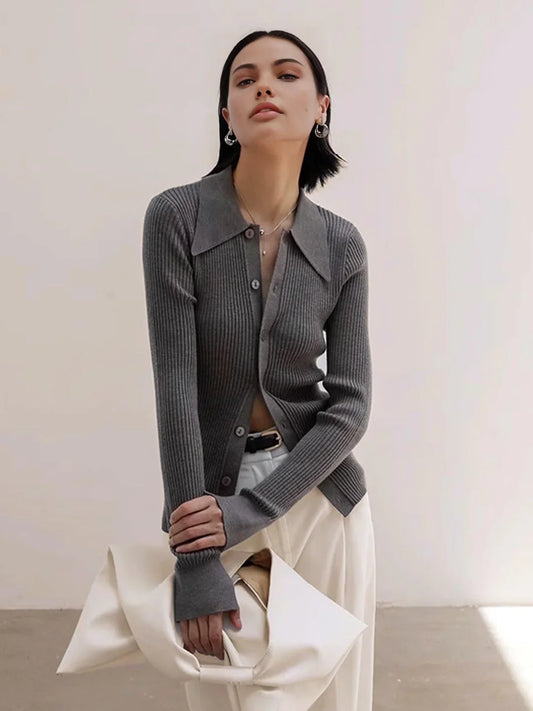 Oldmoney Style Ribbed Lapel Slim Cardigan